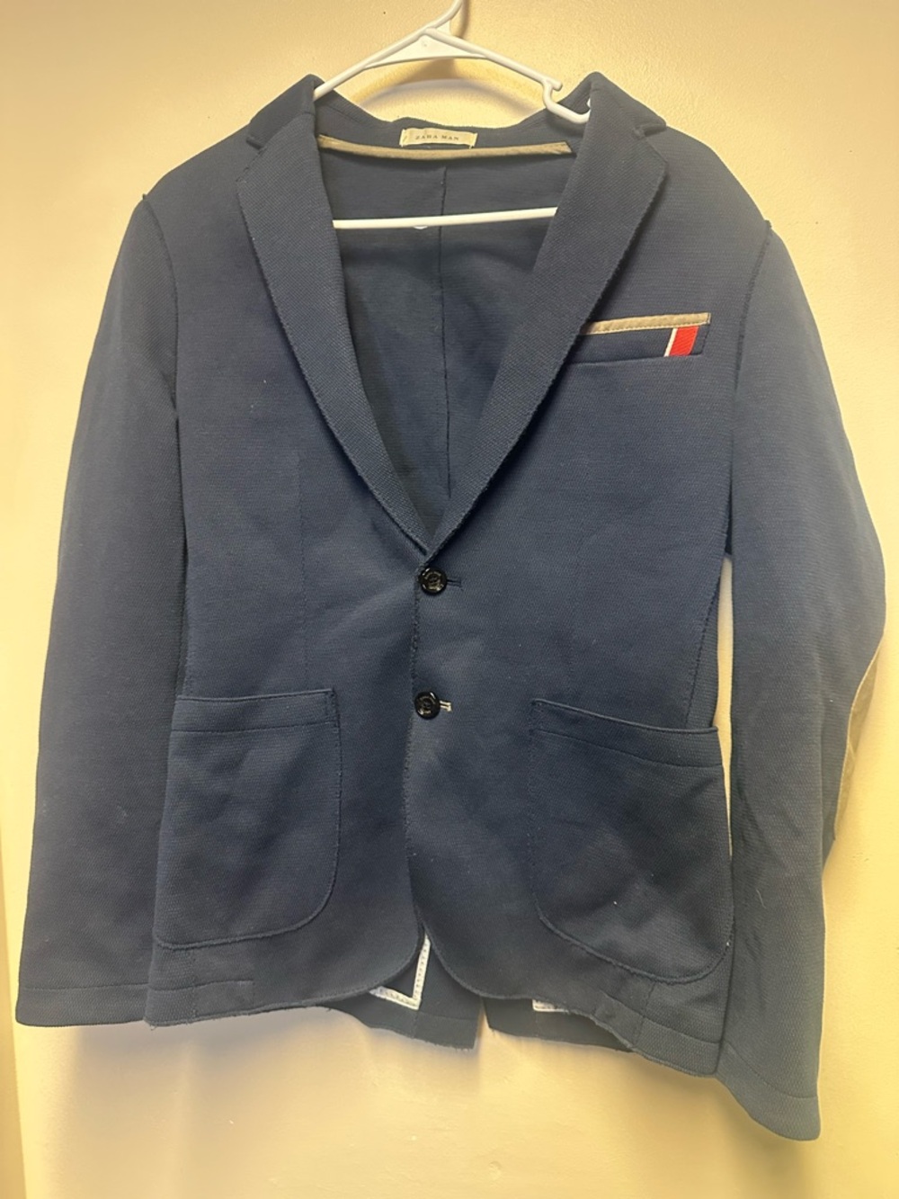 Vtg Zara Man  Navy‎ Knit Blazer with Red & Gray Chest Trim